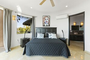 Main King Bedroom shot with huge ensuite & Black/Grey colors