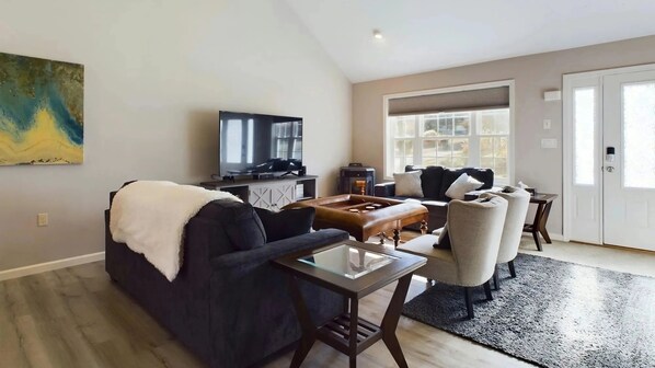 Living room with large screen TV and sound system with pellet stove