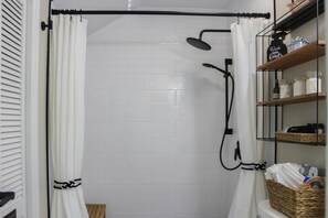 Bathroom upgraded! New tiled shower, toilet, sink, and bluetooth ceiling fan