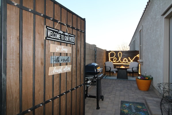 Private patio with BBQ and firepit