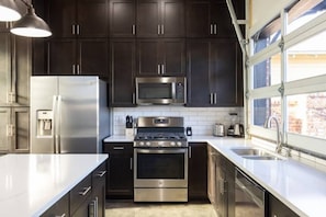 Fully stocked kitchen.