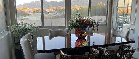 dining room view over golf course and mountains

