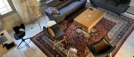 An aerial view of the lounge area in the apartment