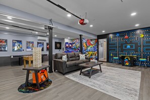 Garage game room totally redone from floor to ceiling.