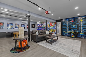 Garage game room totally redone from floor to ceiling.