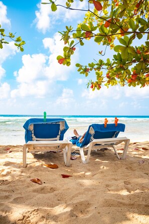 Beach nearby, sun loungers