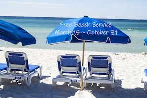 Free Beach Service but we have you covered in the off seanson too. We provide 2 beach chairs and 1 umbrella inside the condo for your use.