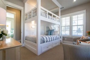 DOWNSTAIRS QUEEN OVER QUEEN BUNK ROOM WITH STAIRS TO TOP BED