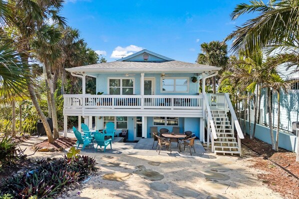 Patio with beach view and more seating
