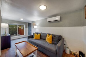 Living room space with mini split AC and pull-out sofa for additional sleeping option