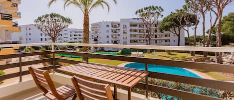 View to the shared pool from our balcony with breakfast area #pool #algarve #sunny #relax #airbnb