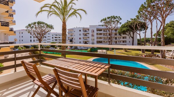 View to the shared pool from our balcony with breakfast area #pool #algarve #sunny #relax #airbnb