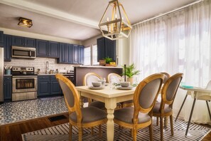 Dining room seating for 6 plus 2 barstools and a high chair available to seat the whole family!!
