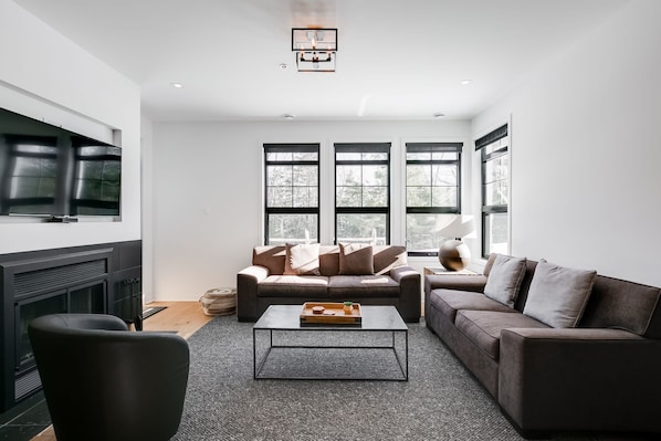 Living room with wood fireplace
