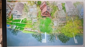Aerial view of Eagle Point Lodge from above Eagle Point Bay on Webster Lake.