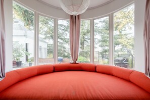 Bay window with views of the Silver Lake Reservoir.