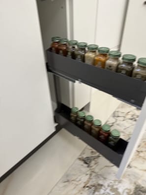 A pull out spice rack available to the right of the dishwasher in the kitchen.