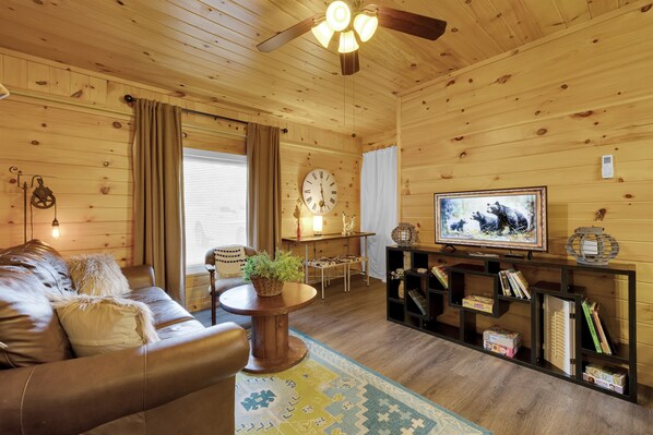 Charming all-wood living space with rustic elegance.