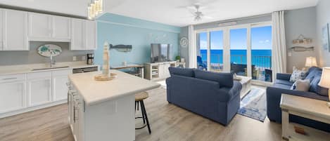 Living Area with Gulf Views, Flat Screen TV, Sleeper Sofa and Private Balcony Access