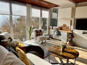 Salon cosy avec vue exceptionnelle sur la montagne 