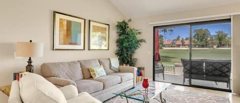 Living Room with view to the 5th hole of the Palm Desert resort Golf Course
