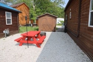 fire pit, picnic table and grill