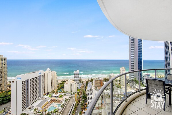 Balcony with the picturesque city and the ocean views