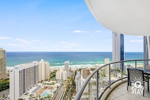 Balcony with the picturesque city and the ocean views