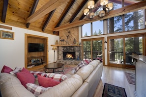 Sectional facing stone wood fireplace and views. 
