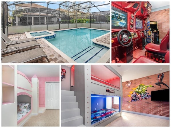 A glimpse of the property's diverse features, showcasing the pool, hot tub, game room, child's space, and a TV for entertainment.