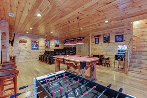 Spacious game room with pool table, pinball, 60 game arcade, foosball and theater