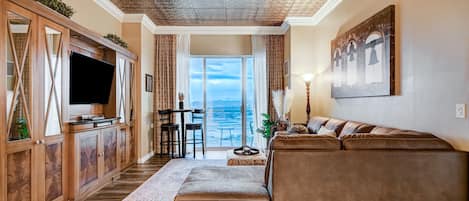 Luxurious living room with custom tin ceiling.