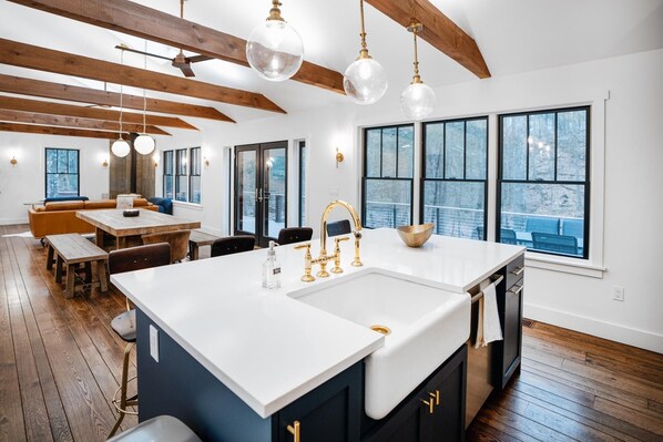 The large open-concept living space makes the cabin the ideal hangout spot.