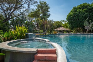 Serene pool and jacuzzi to enjoy your tropical vacation in!