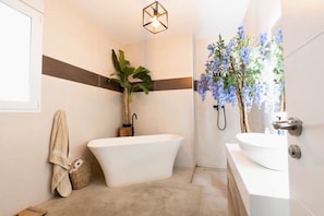 Norwegian Bathtub plus Sunken Shower and Lighted Vanity Space.