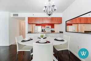 Enjoy a delicious meal in this dining room.