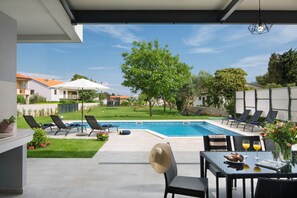Private terrace of Croatia luxury villa for rent Kriya Medulin with pool and lounge area for family vacation
