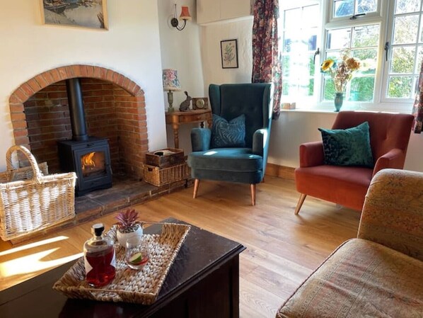 Cosy living room with log burner