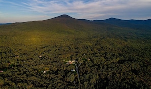 Aerial view surrounded by the Green Mountains