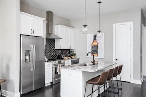 The kitchen island is great for games or eating.