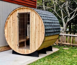 Bask in the barrel sauna after a long day of hiking!
