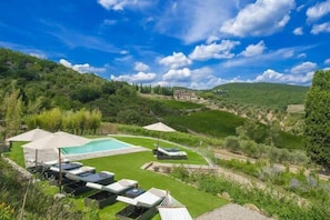 Aerial view of the pool and gardens