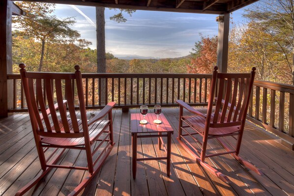 Outdoor Sitting Area With Rocking Chairs  - Appalachian View - Blue Ridge, GA