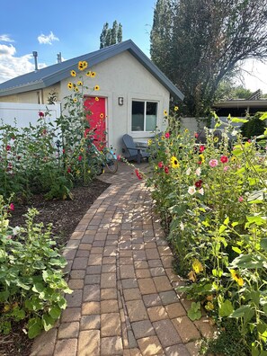 Summer garden. Walk through a forest of flowers to the front door. 