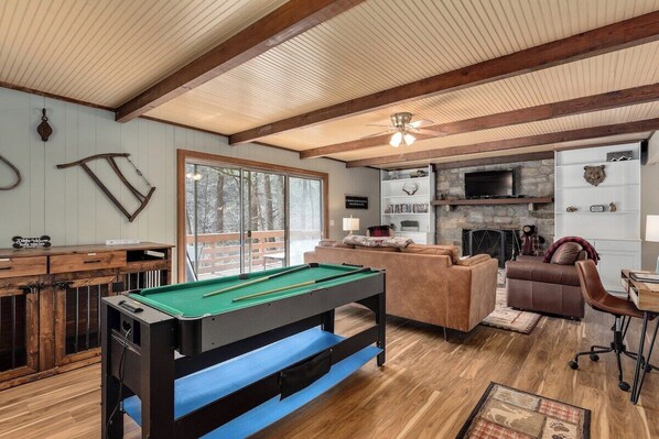 Rustic charm with modern features invites you to stay in and relax.