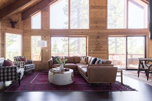 Living room with beautiful high ceilings.