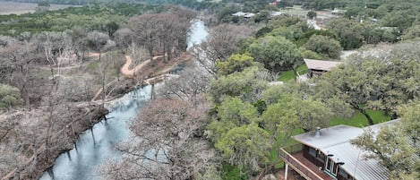 Aerial view of Rick's showing position next to the Guadalupe river!