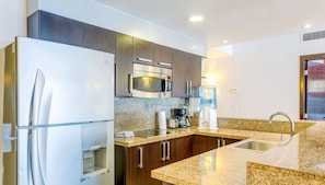 Essentials like a coffee maker, blender, toaster are all here!