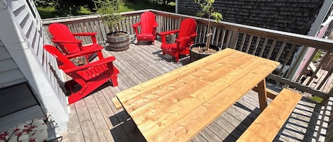 Patio seating and outdoor eating area.