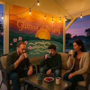Savor sweet moments with loved ones under golden string lights, where every sunset brings warmth, laughter, and Gulf-side charm